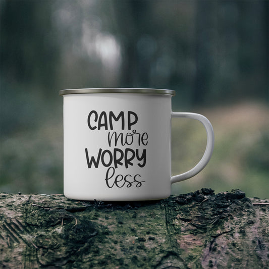 Camping Enamel Mug | Camp More Worry Less | Outdoor Adventure Coffee Cup, Gift for Campers, Rustic Camping Supplies, Hiking Mug