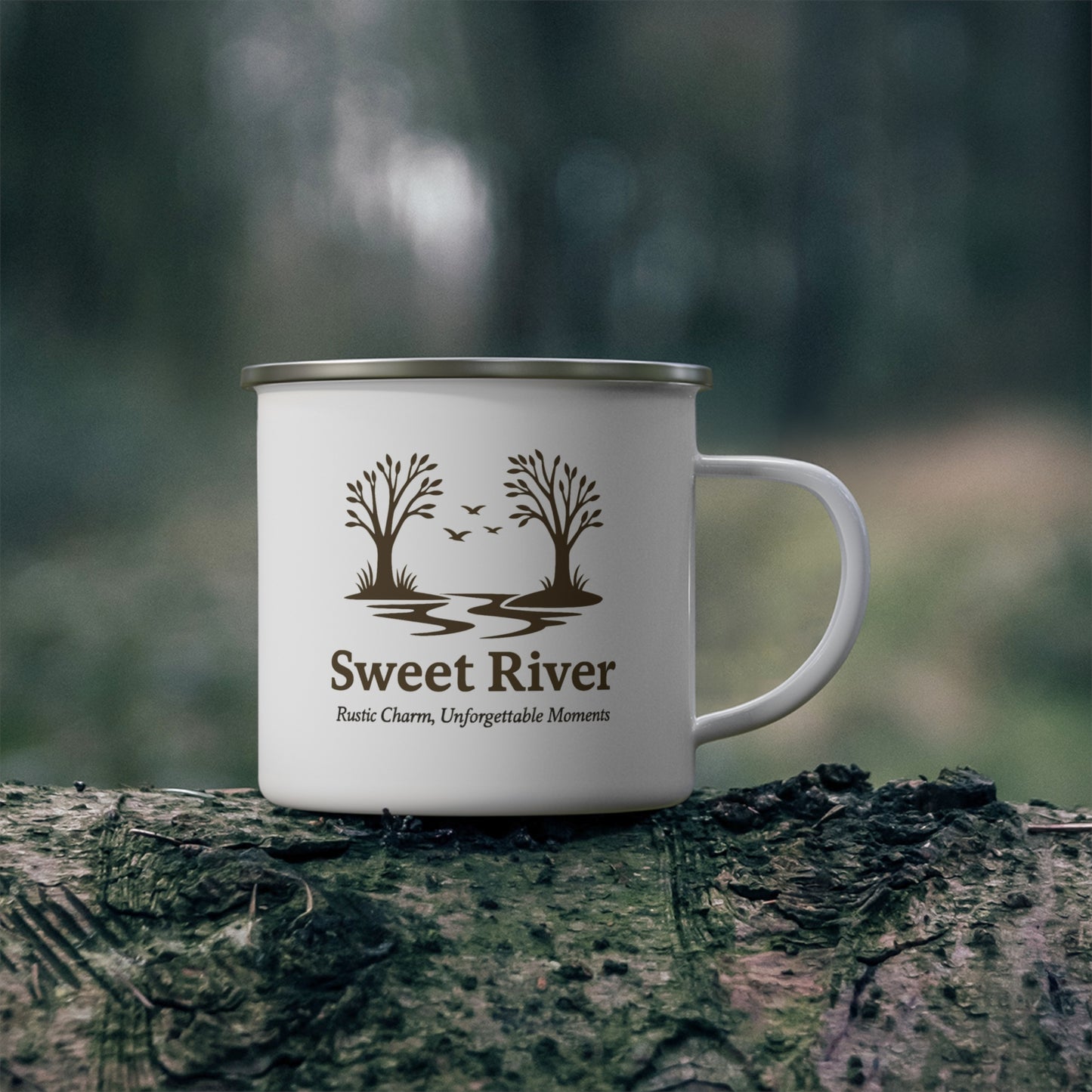 Sweet River Enamel Camping Mug – 12oz Durable Stainless Steel with Tree & Bird Nature Design – Perfect for Camping, Hiking, Outdoor Enthusiasts & Gifts