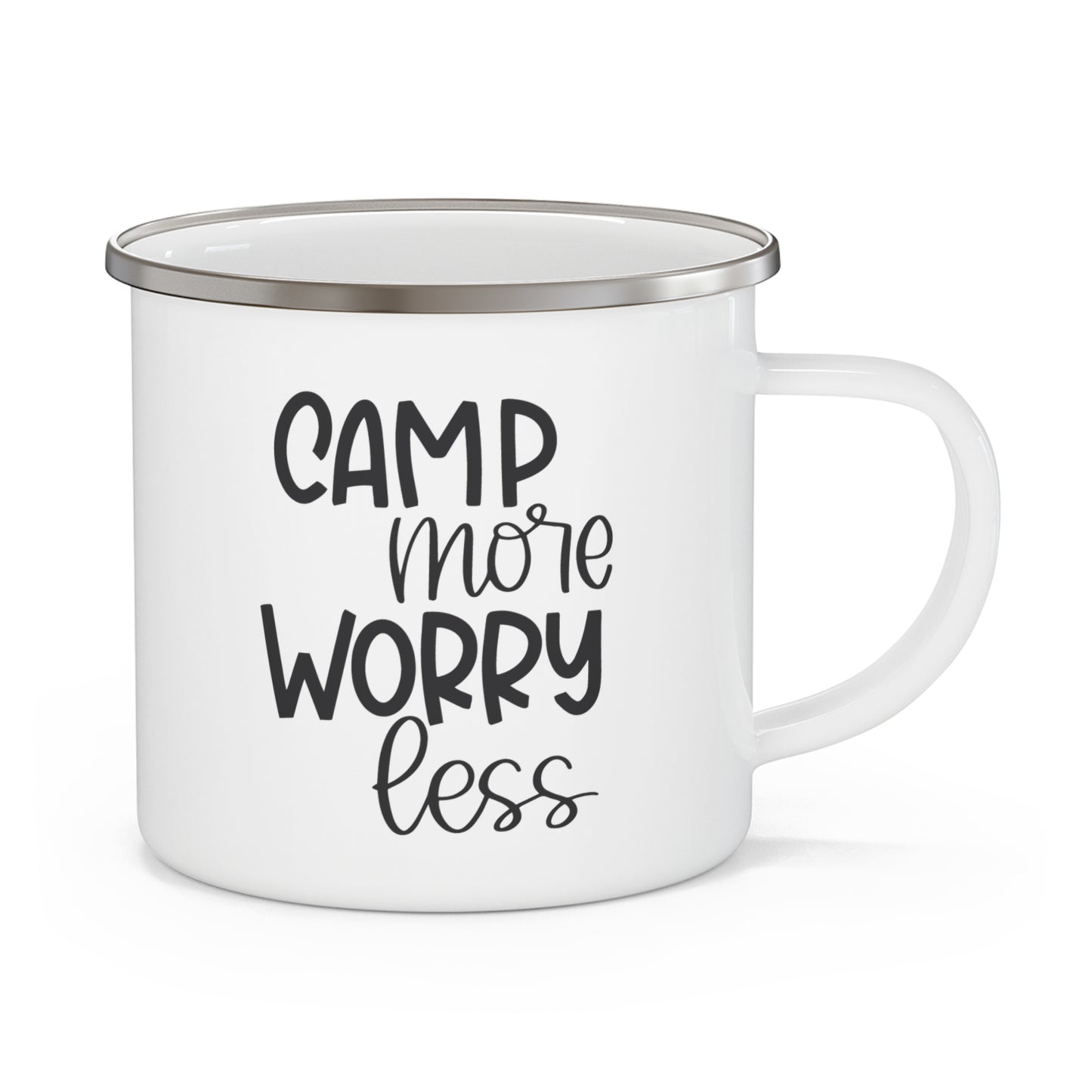 Camping Enamel Mug | Camp More Worry Less | Outdoor Adventure Coffee Cup, Gift for Campers, Rustic Camping Supplies, Hiking Mug